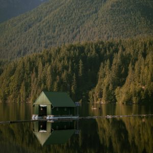 Image d'une cabane flottante au bord du Lac de Montriond.